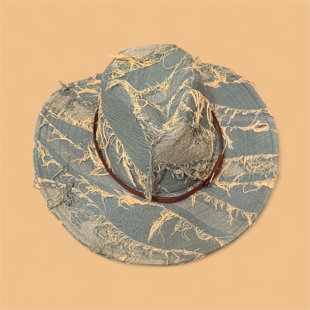 Stylish Denim Distressed Hat with Brown Band